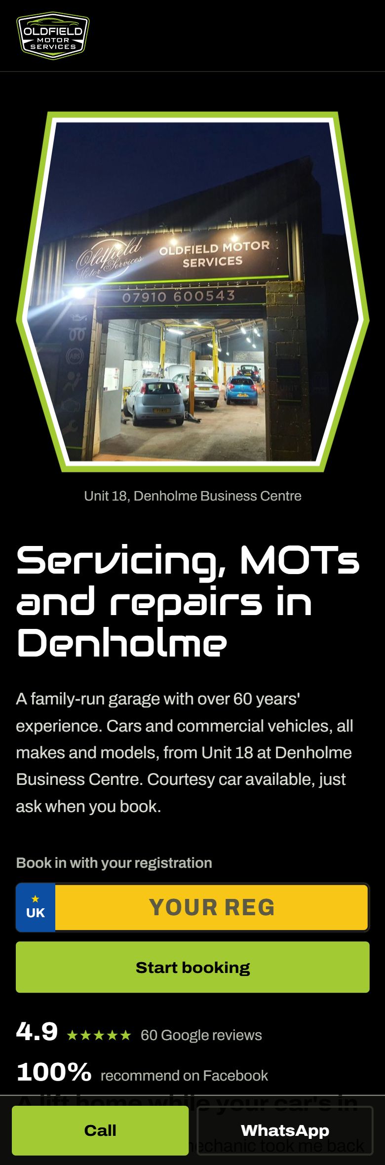 The Oldfield Motor Services website on a phone, with six features numbered