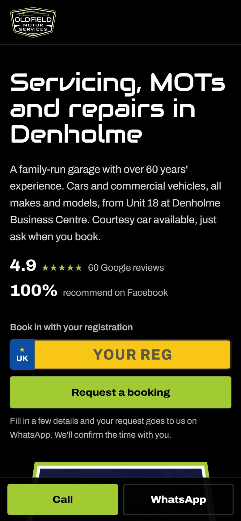 The Oldfield Motor Services website on a phone